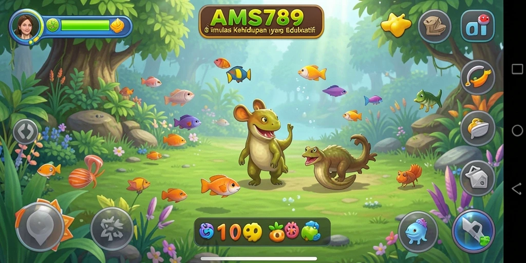 Screenshot gameplay AMS789 menampilkan interaksi karakter yang menyenangkan.