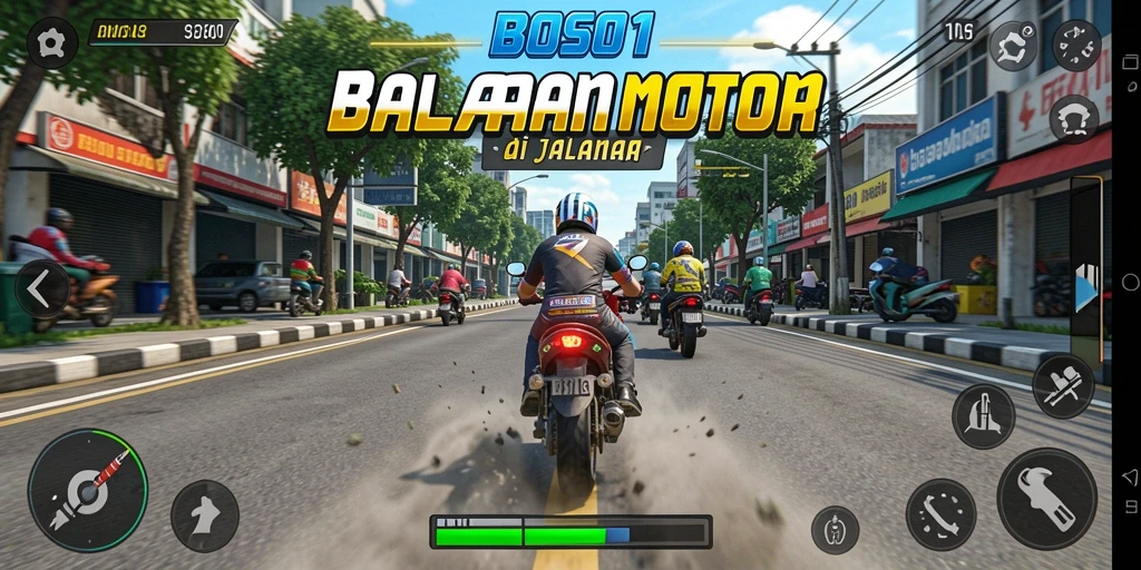 Tampilan gameplay seru dari BOS01 dengan aksi balapan motor.
