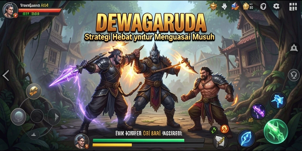 Tangkapan layar permainan DEWAGARUDA menampilkan aksi strategi yang intens.