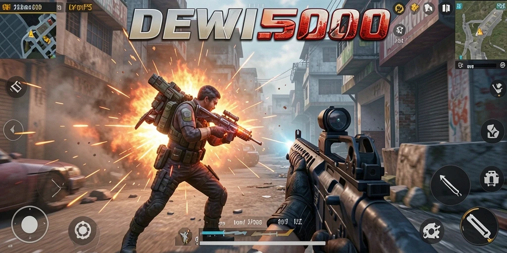 Screenshot gameplay DEWI5000 menunjukkan aksi tembak-menembak yang intens.