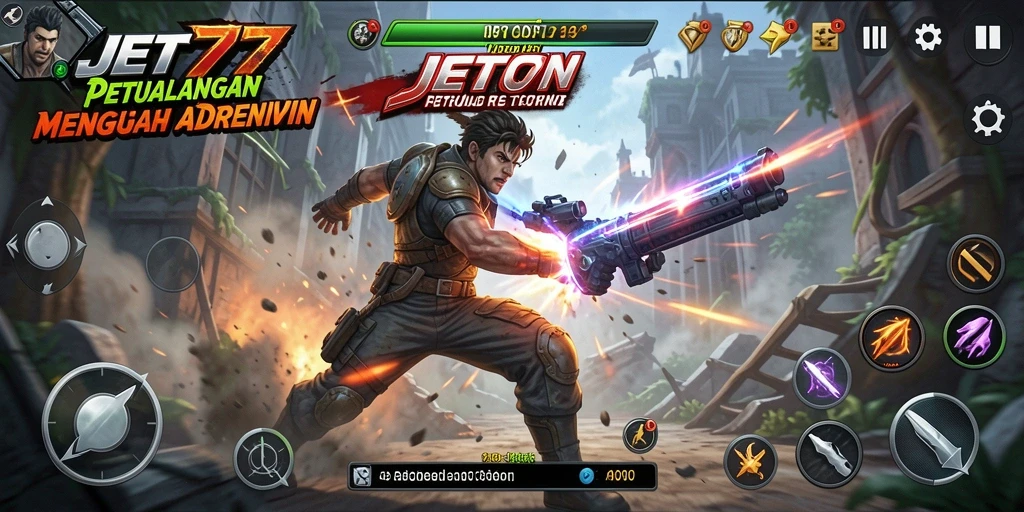Screenshot utama JET77 menampilkan karakter dalam aksi pertempuran intens.