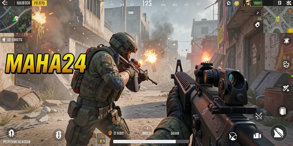 Screenshot gameplay MAHA24 yang menegangkan dalam pertempuran FPS.