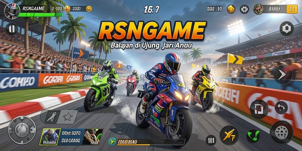 Screenshot RSNGAME menunjukkan aksi balapan yang mendebarkan dengan grafik canggih.