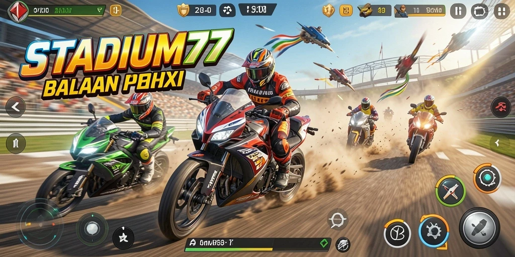 Screenshot gameplay STADIUM77 dengan balapan motor yang menegangkan.