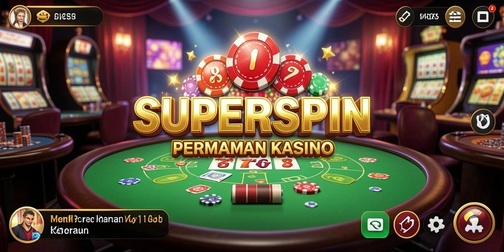 Screenshot menunjukkan gameplay menarik di SUPERSPIN dengan tema kasino yang memukau.