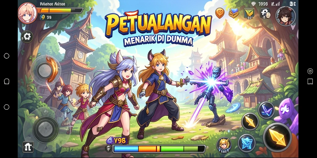 Tampilan gameplay V98 yang menampilkan aksi seru dari karakter Anime.