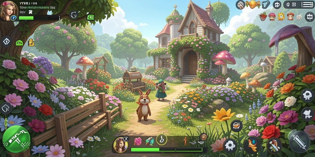 Screenshot gameplay YYRR menampilkan kebun yang subur dan berwarna-warni.
